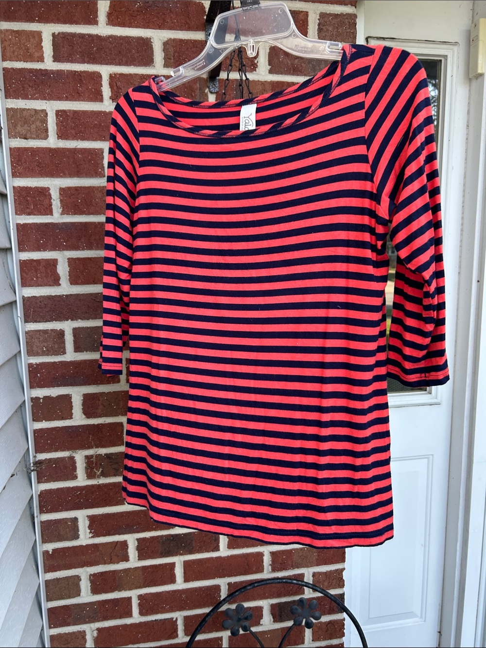 Yala Navy and Coral Striped Long Sleeve Boatneck Top